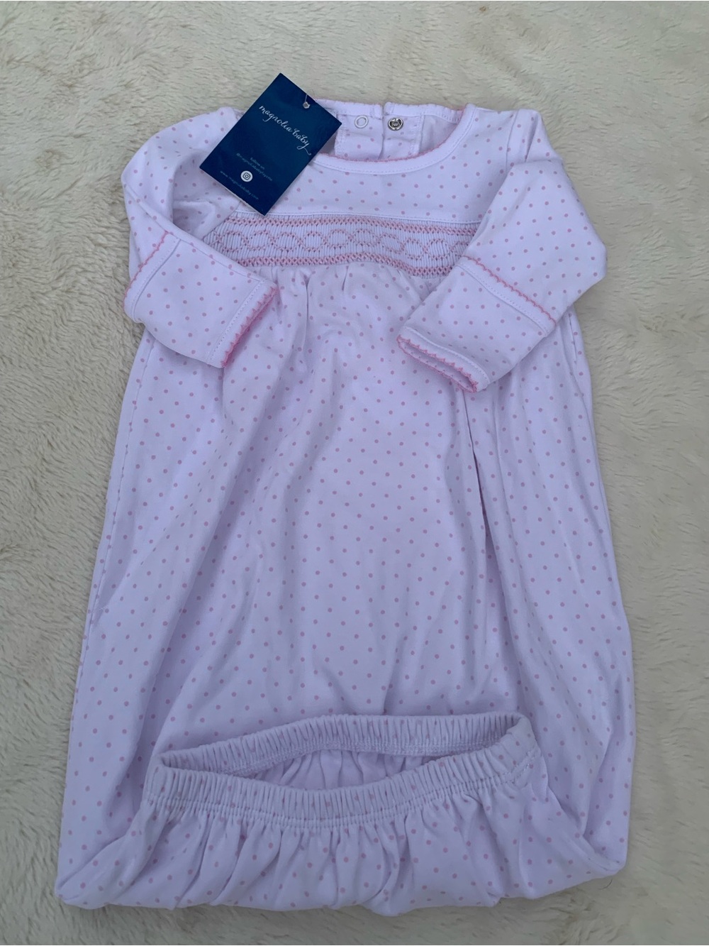 Magnolia Light Pink Polka Dot Baby Sleep Sack with Smocked Yoke
